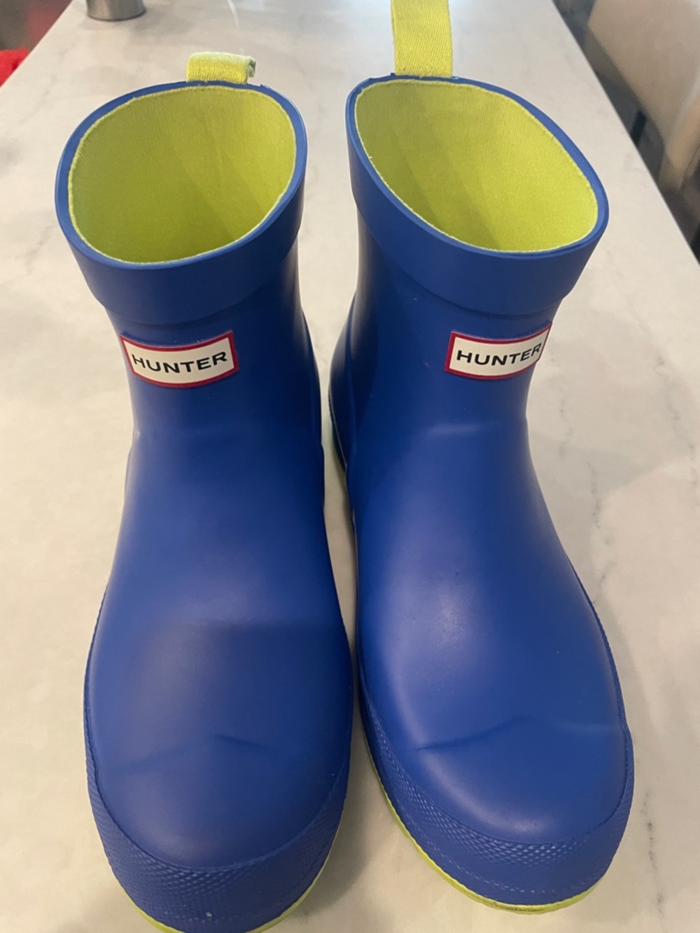 Hunter Kids Royal Blue Rain Boots with Neon Yellow Interior